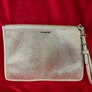 Coach silver glitter wristlet with white leather trim